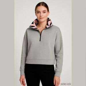Lole Cropped Athletic Gray Half-Zip Sweatshirt with Pink Patterned Collar